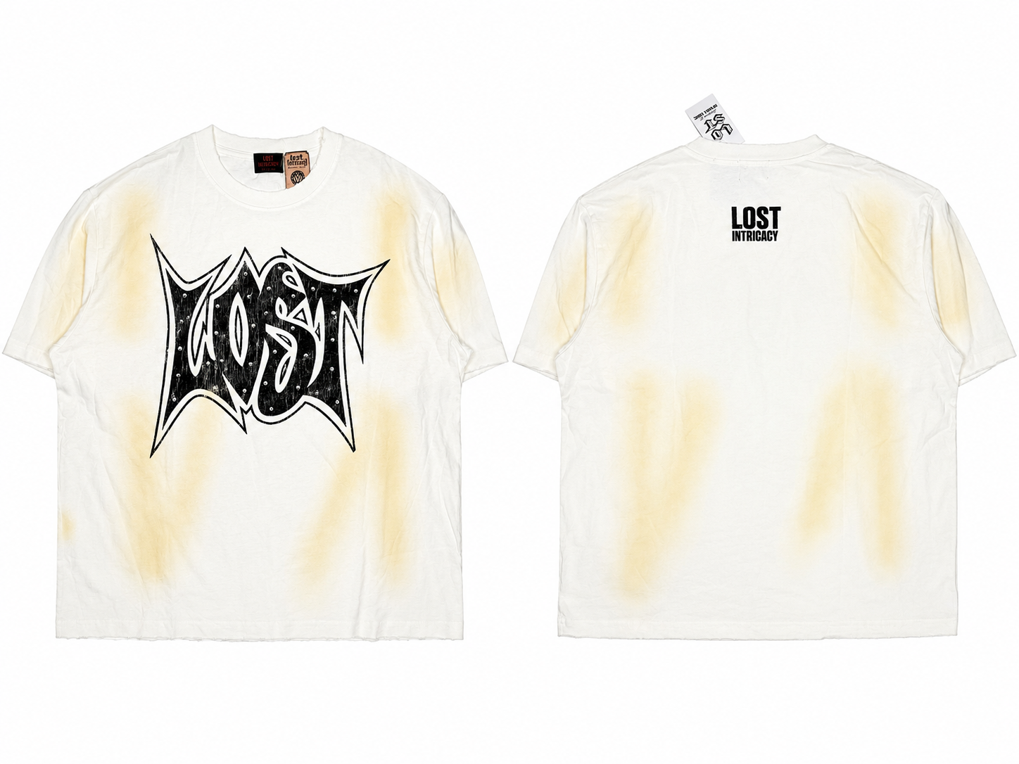 Lost Intricacy White Rainbow Splatter Arch Logo T-Shirt