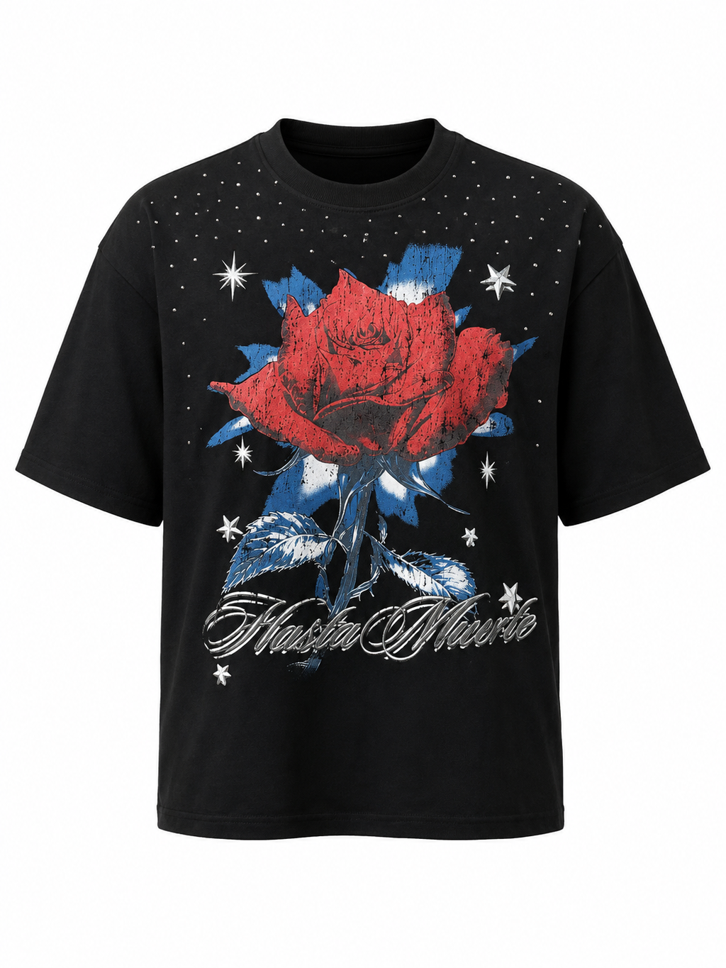 Hasta Muerte Red Flower Silver Studded Tee