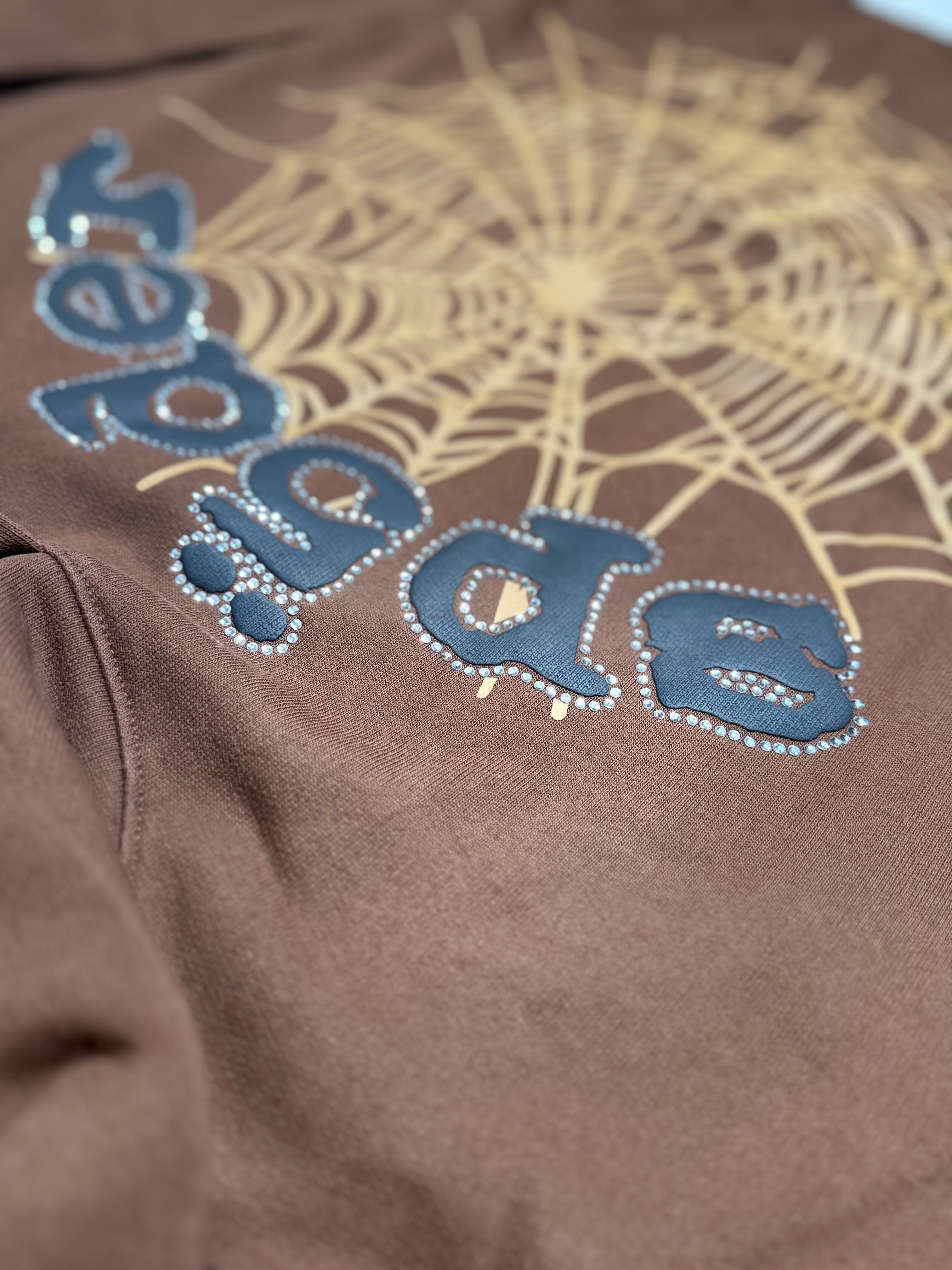 Sp5der Brown OG Web Rhinestone Hoodie