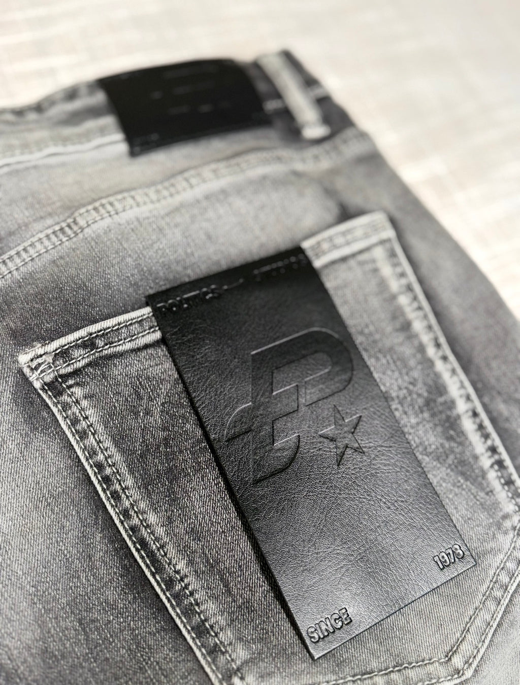 Politics Studios Cipher Leather Patches Denim Jeans – Grey