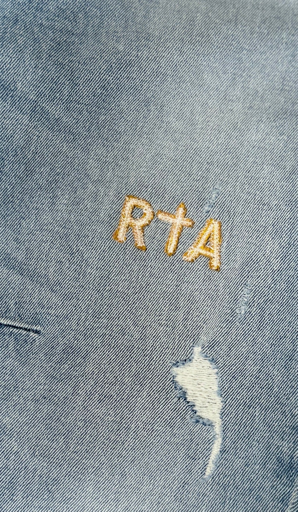 RTA Bryant Skinny Jean Glacier Blue with Cross Back Gold Embroidery