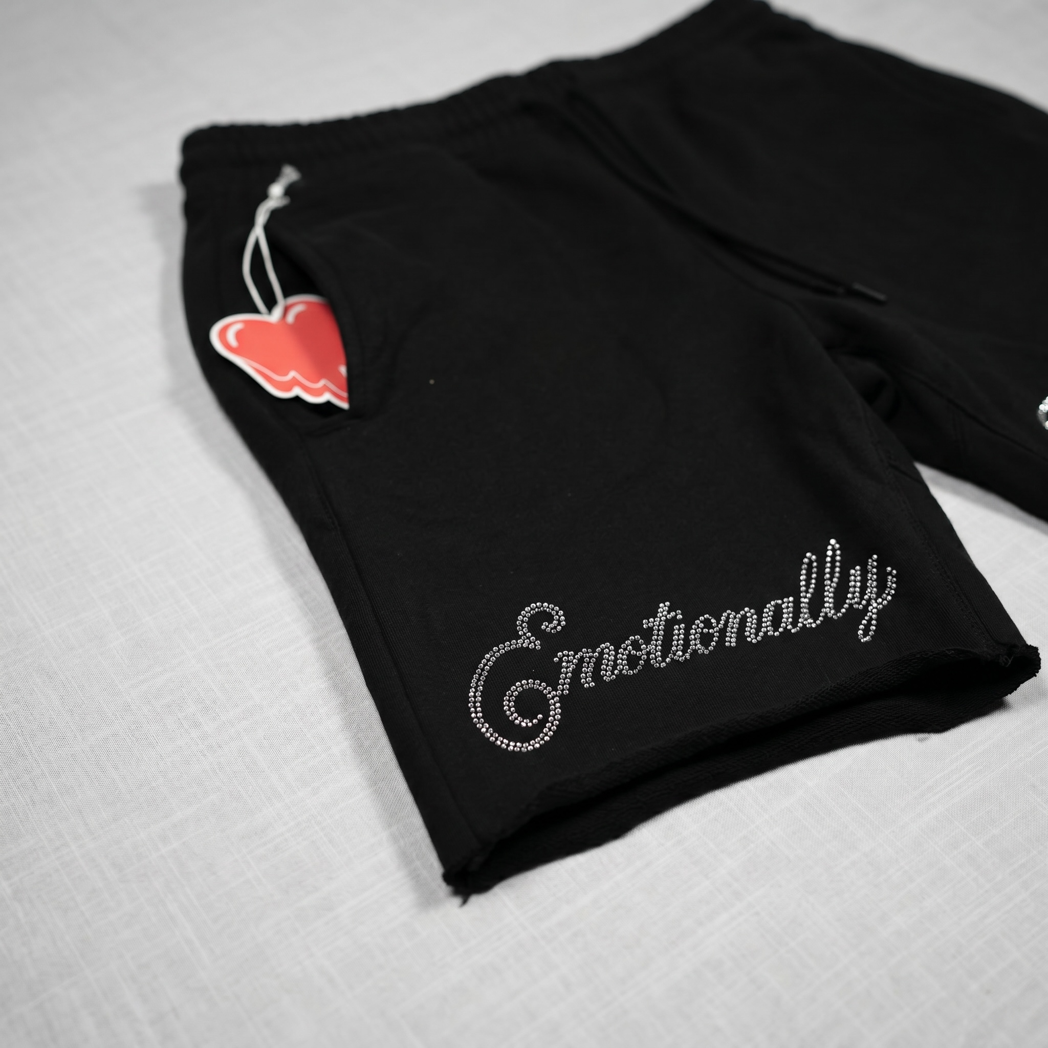 Emotionally Unavailable Rhinestone Script Shorts