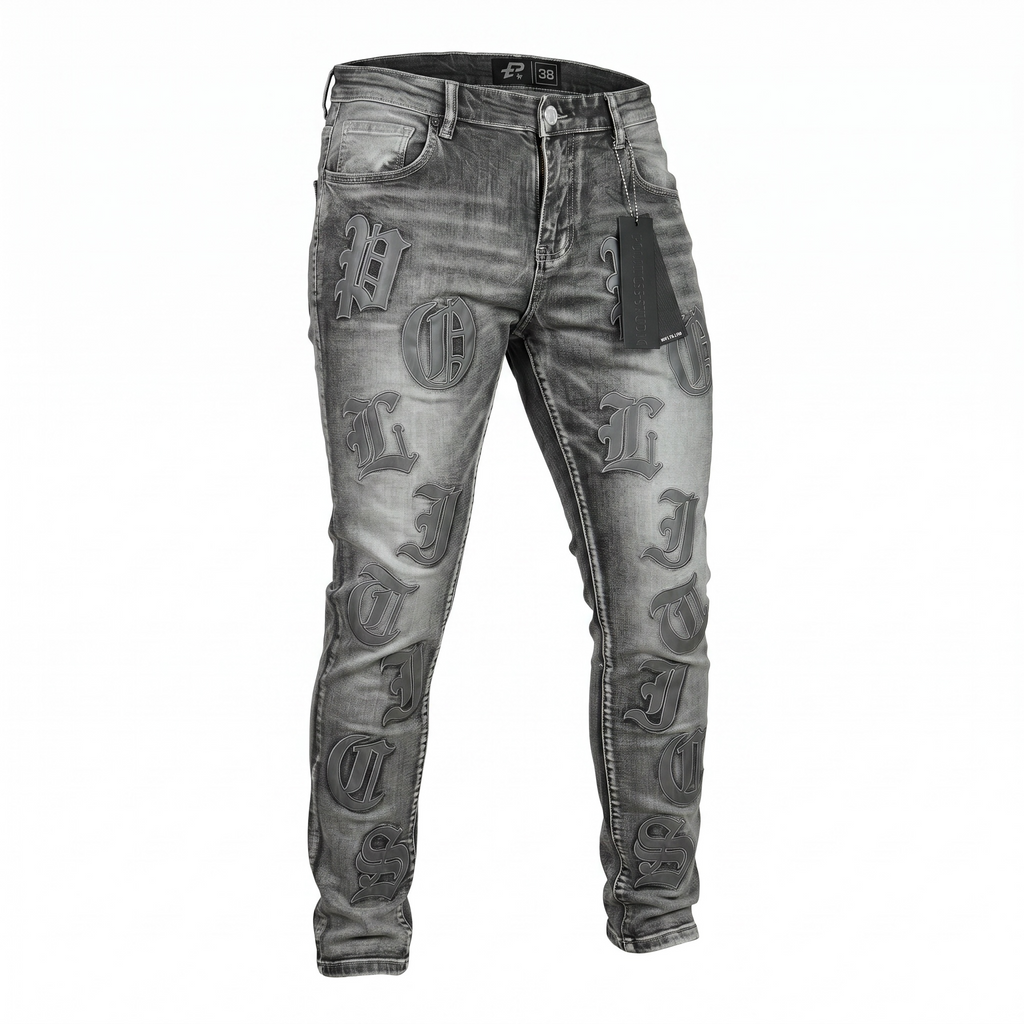 Politics Studios Cipher Leather Patches Denim Jeans – Grey