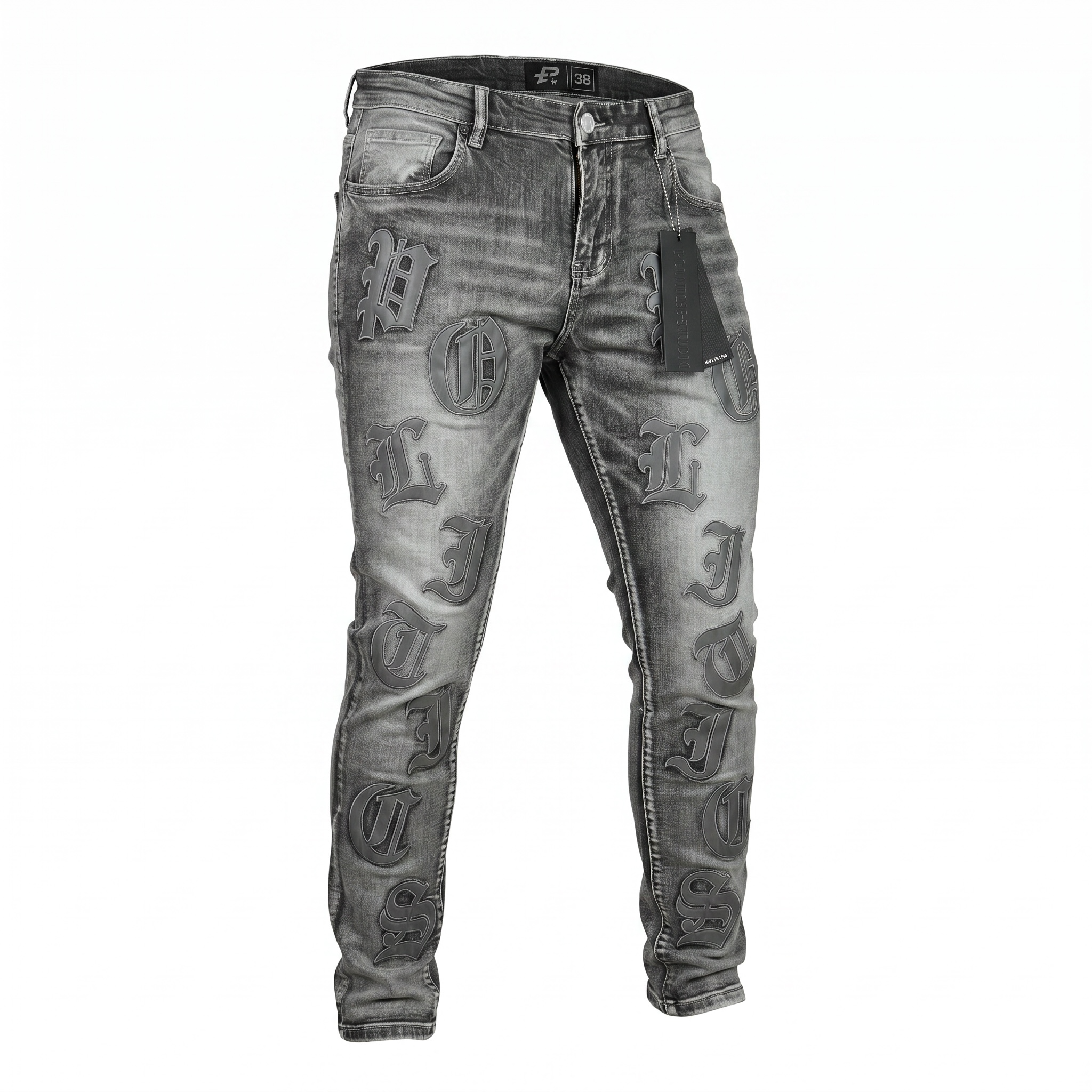 Politics Studios Cipher Leather Patches Denim Jeans – Grey