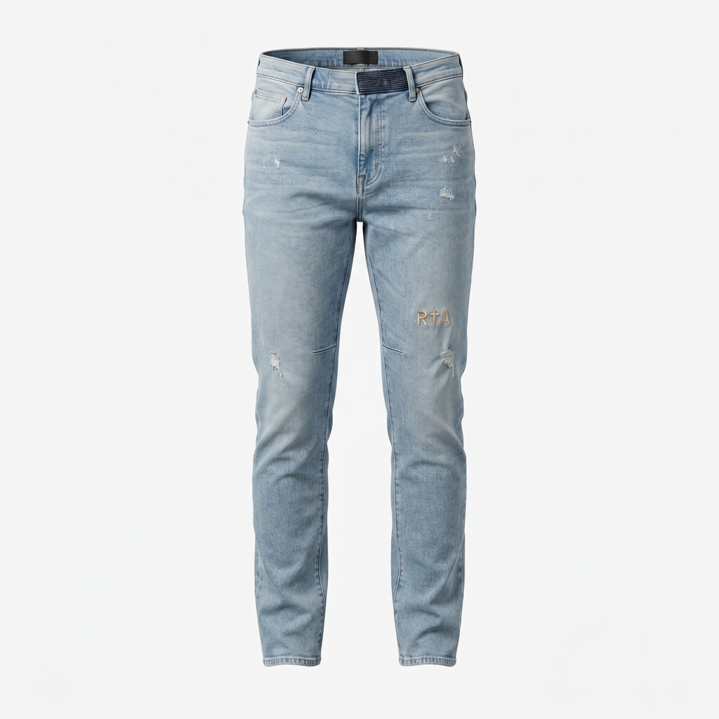 RTA Bryant Skinny Jean Glacier Blue with Cross Back Gold Embroidery