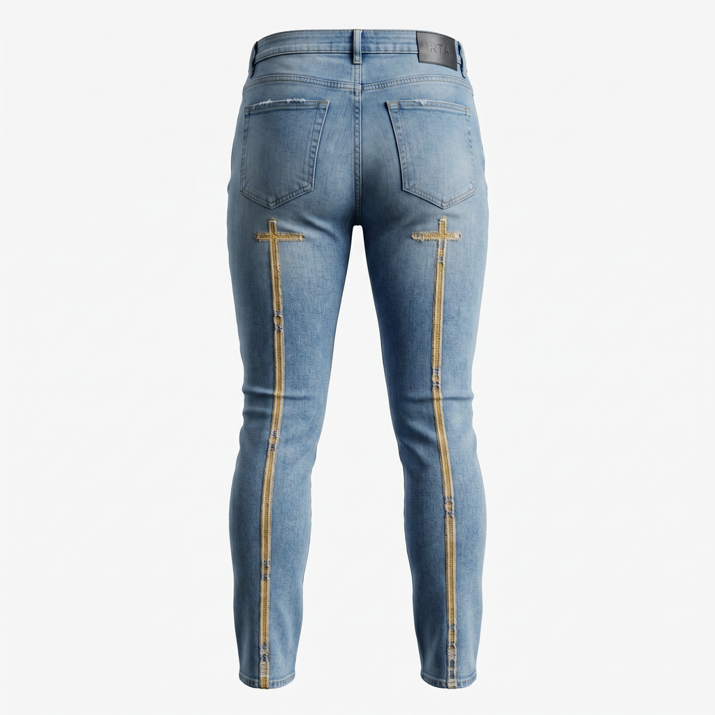 RTA Bryant Skinny Jean Glacier Blue with Cross Back Gold Embroidery