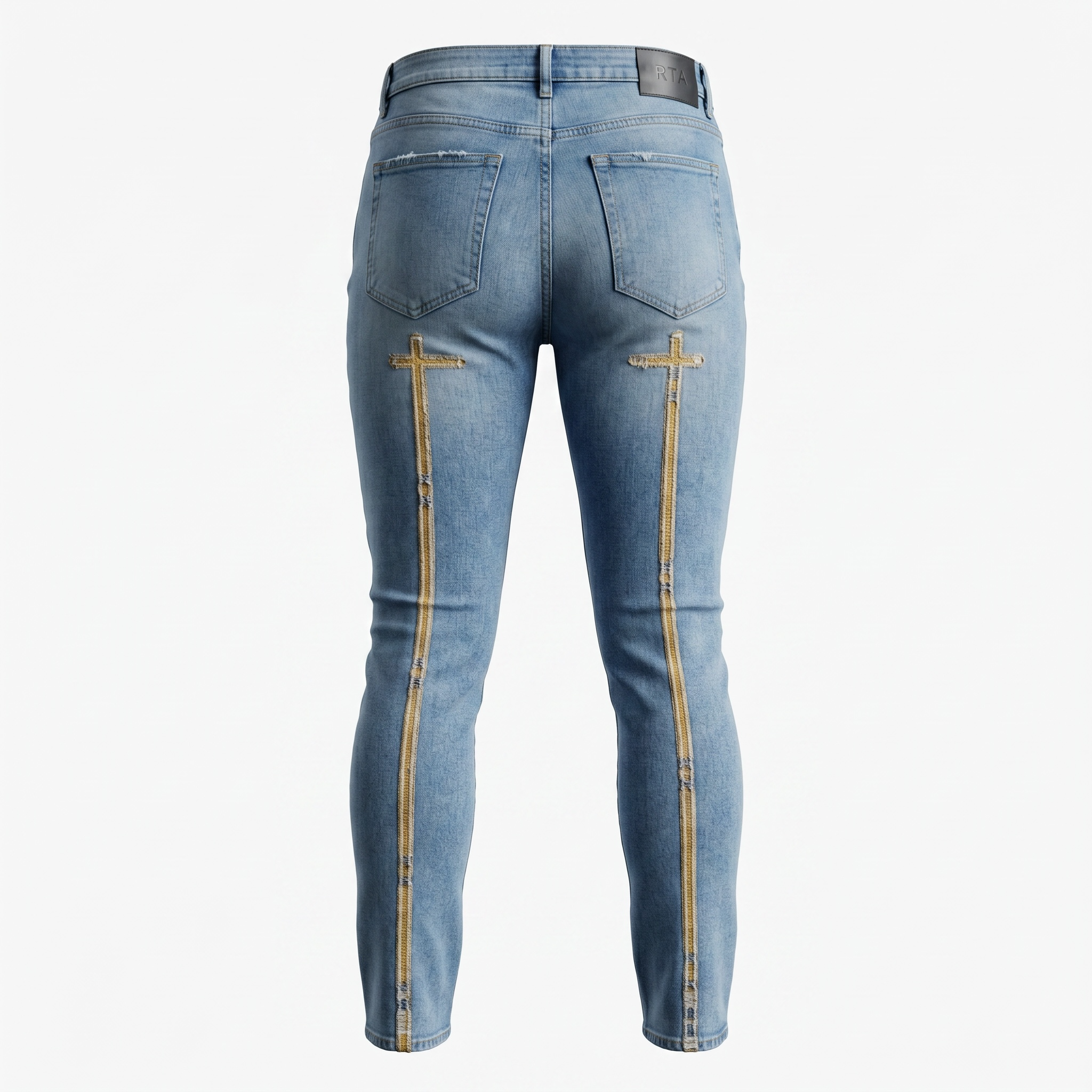 RTA Bryant Skinny Jean Glacier Blue with Cross Back Gold Embroidery