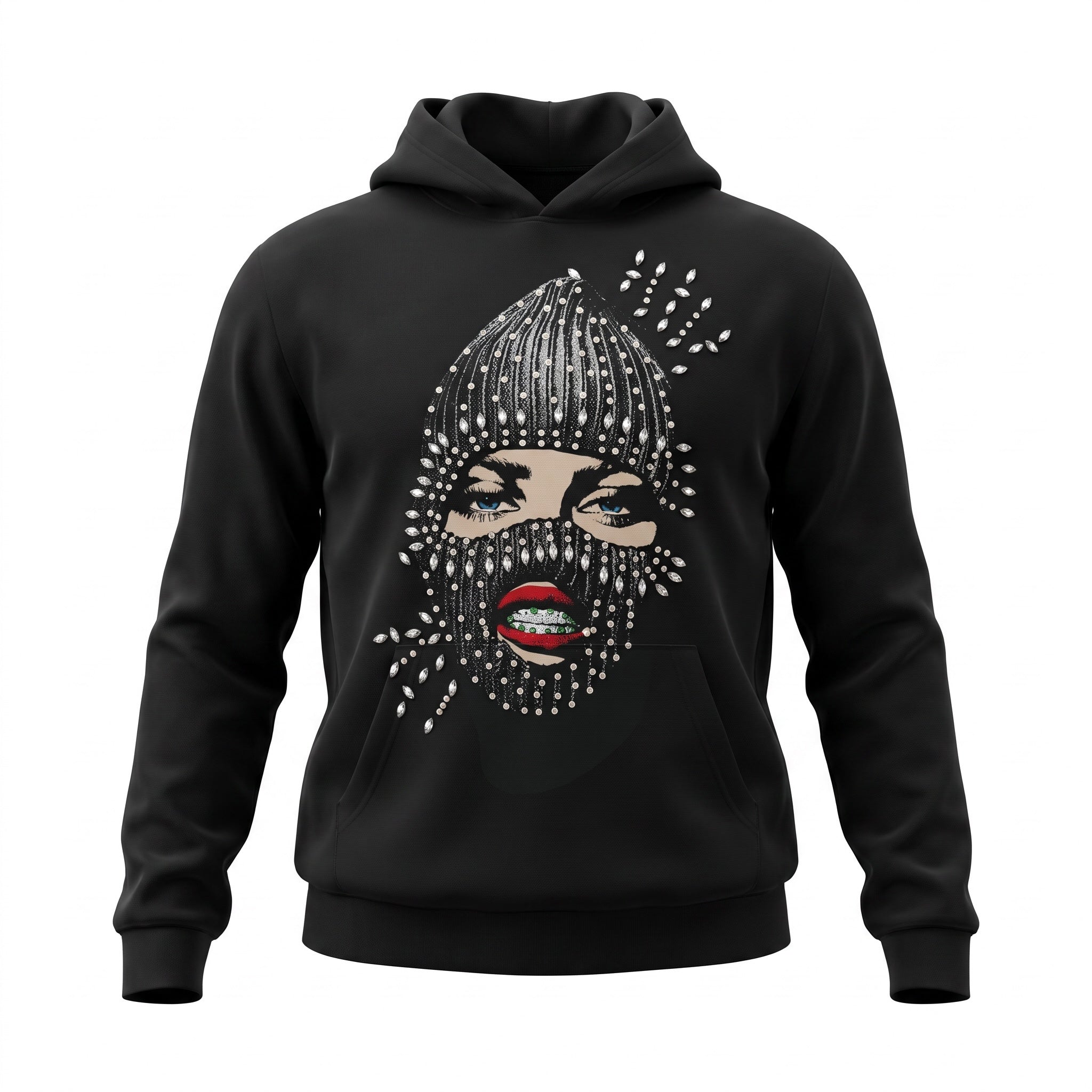 Dopetivity black pullover hoodie featuring a rhinestone and pearl embellished face mask graphic with red lips